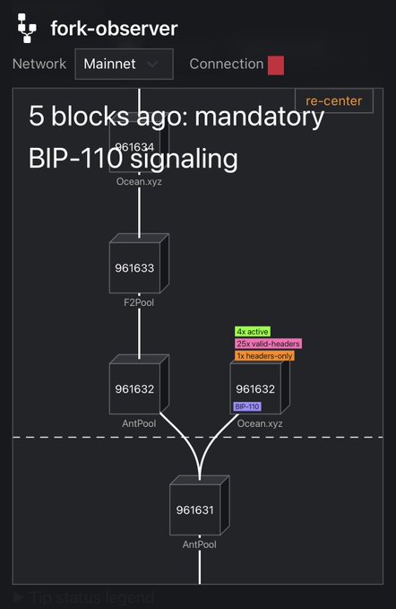 The fork-observer interface showing a Bitcoin Mainnet block tree at block 961634, noting '5 blocks ago: mandatory BIP-110 signaling'.