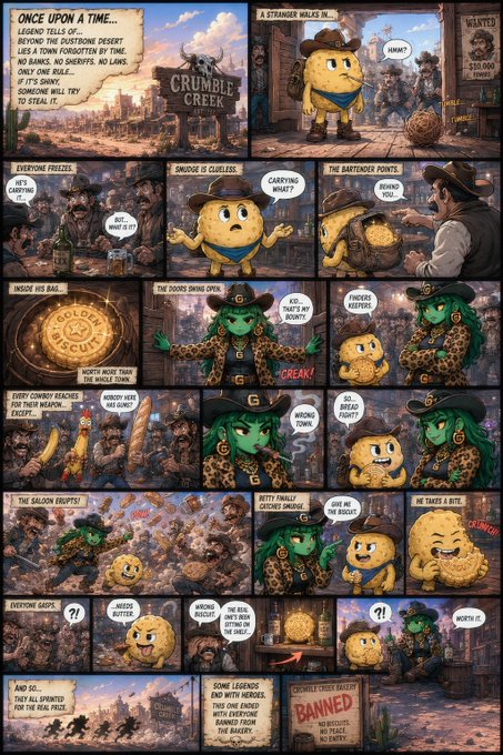 A comic page titled "Crumble Creek" featuring anthropomorphic cookie characters (Smods) in a Wild West setting, with a sheriff named Smudge in a green hat and leopards-print coat, telling the tale of the "Chipout Saloon" raid.