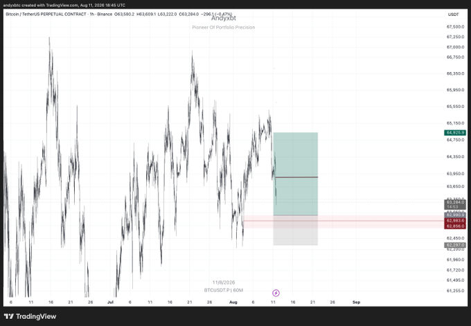A TradingView chart titled 'Bitcoin / TetherUS PERPETUAL CONTRACT' showing BTCUSDT price action with a green shaded analysis box, currently at 63,590.2 USDT.