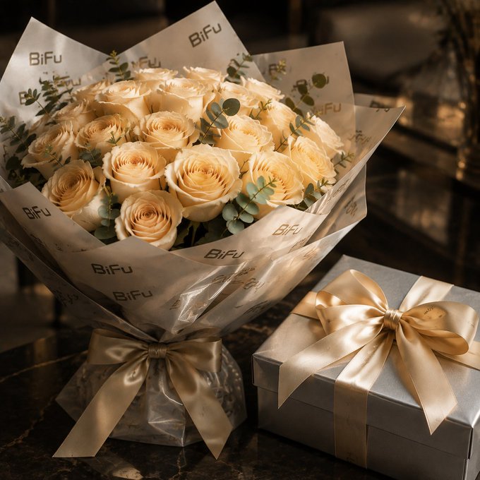A bouquet of cream-colored roses wrapped in 'BiFu' branded paper sits beside a silver gift box tied with a satin gold ribbon on a marble surface.