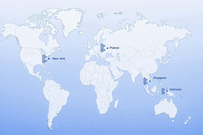 A world map highlights four locations: New York, Poland, Singapore, and Indonesia.