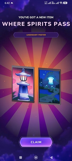A mobile screen displays a "YOU'VE GOT A NEW ITEM" notification for a "WHERE SPIRITS PASS" legendary poster, featuring two framed images of glowing lanterns, with a "CLAIM" button below. This relates to the Sleepagotchi app mentioned in the post, showing a reward earned through the sleep-tracking journey with the AI Sleep Coach.