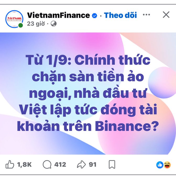 A screenshot of a VietnamFinance Facebook post with Vietnamese text discussing a potential ban on foreign cryptocurrency exchanges and Vietnamese investors' funds on Binance starting September 1st.