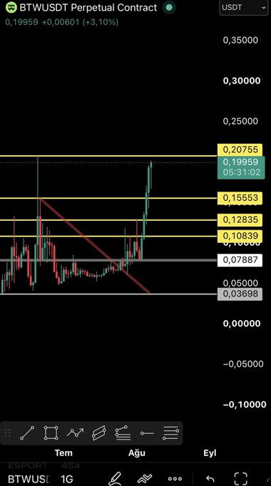 A TradingView chart of the BTWUSDT Perpetual Contract shows a recent price of 0.19959 (+3.10%), with the token breaking out above a descending trendline and key resistance levels around 0.12835–0.15553 to surge toward new highs near 0.20755, visually confirming the post's narrative of a 222% post-breakout rally following a prior 50% flush-out.