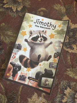 A DVD case titled "Jimothy The Raccoon" rests on a red patterned carpet, featuring cartoon raccoons, cameras, and stars on the cover—matching the post announcing it as ULTRACOIN magazine's first published product with a $Jimothy ticker, now available on Amazon.