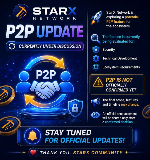 A graphic from STARX Network announcing that a potential P2P feature is currently under discussion, with evaluation focused on security, technical development, and ecosystem requirements—emphasizing that P2P is not yet officially confirmed and urging the community to "STAY TUNED FOR OFFICIAL UPDATES!" alongside hashtags #StarXNetwork, #STRX, and #P2P.