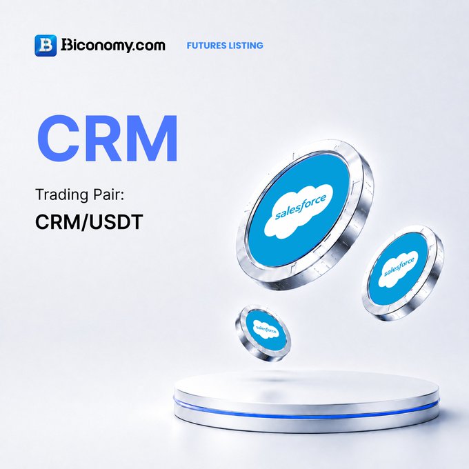 Biconomy.com announcement for CRM (Salesforce) Futures Listing with trading pair CRM/USDT, featuring 3D rendered Salesforce-branded coins on a white podium.