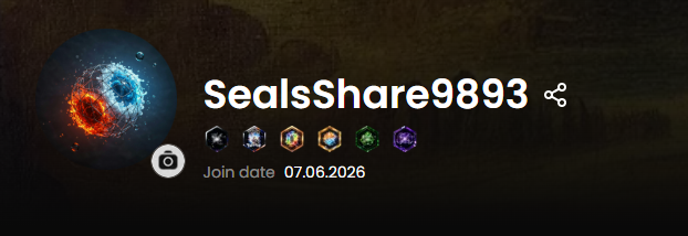 A gaming profile banner for 'SealsShare9893' with a fiery blue planet avatar, various rank icons, and a join date of 07.06.2026.