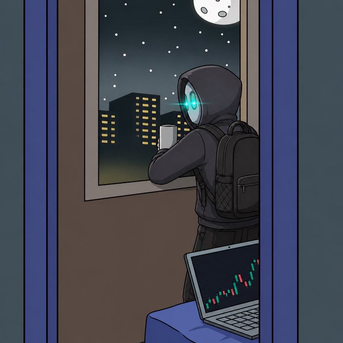 A hooded figure with glowing blue eyes stands at a window holding a mug, gazing out at a moonlit city skyline, while a laptop displaying a candlestick chart sits nearby—evoking the late-night crypto trading vibe referenced in the post about the $KAS and $CATE communities.