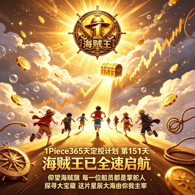 A promotional graphic with One Piece characters running toward a treasure chest, featuring Chinese text '1Piece365天定投计划 第151天' and '海贼王已全速启航'.