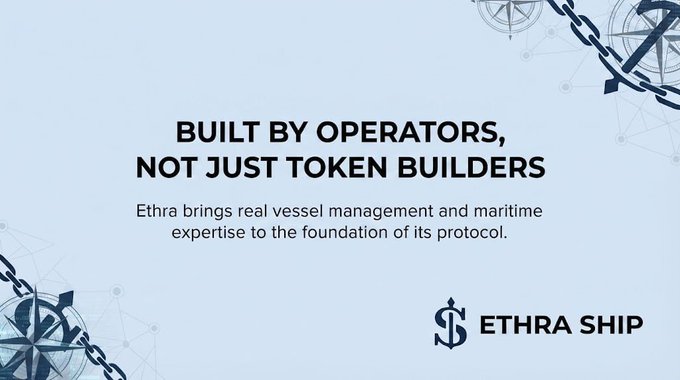 A promotional graphic for 'ETHRA SHIP' with the tagline 'BUILT BY OPERATORS, NOT JUST TOKEN BUILDERS,' featuring nautical-themed graphics like anchors and chains on a light blue background.