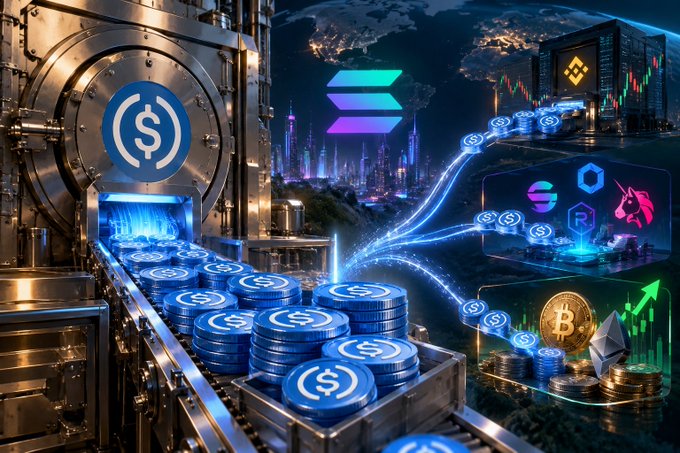 A digital illustration depicting stacks of USDC coins emerging from a vault alongside the Solana logo, with charts and Bitcoin, Ethereum, and Tron symbols on the right.
