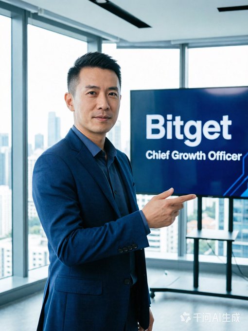 A professional photo shows a man in a dark blue suit pointing toward a screen displaying "Bitget Chief Growth Officer." The image appears to be AI-generated (as indicated by the watermark) and supports the post celebrating his appointment as head of Bitget's TradFi division, though the caption notes his role as Chief Growth Officer rather than CEO.