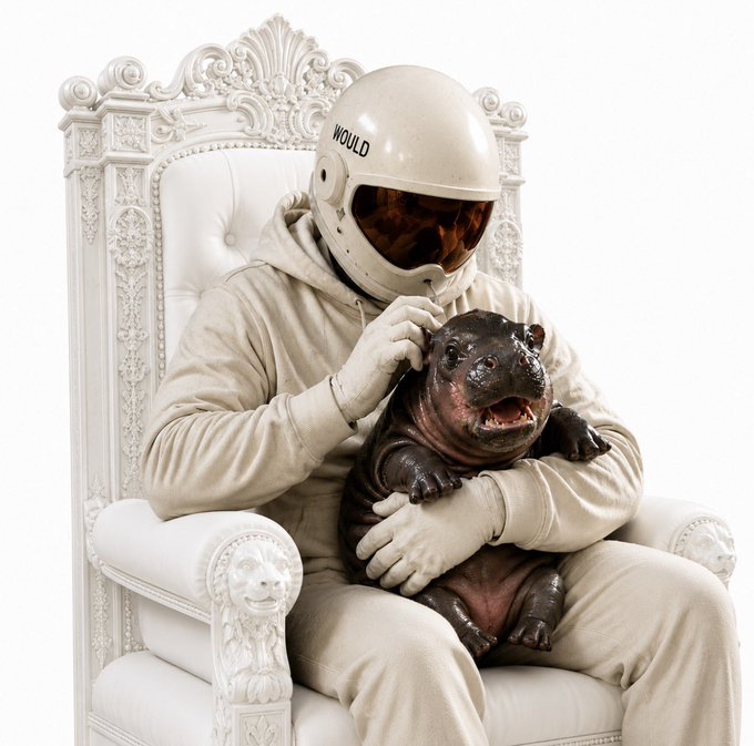 A surreal, monochromatic photograph of a person wearing a beige hooded outfit and a white helmet labeled "WOULD," sitting on an ornate white throne while holding a small, hairless dog.