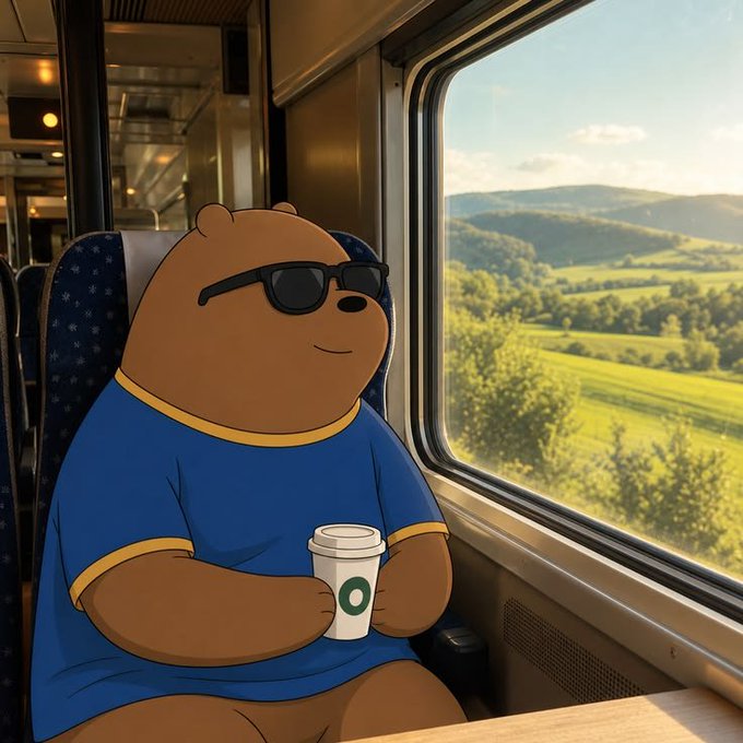 A cartoon bear wearing sunglasses and a blue t-shirt sitting on a train, holding a coffee cup while looking out the window at green rolling hills.
