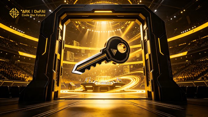 A glowing golden key hovers inside a futuristic arena beneath spotlights, with "ARK | DeFAI - Code the Future" displayed in the corner, visually representing the post's message of using the Arkie AI App to "unlock" opportunities for builders.
