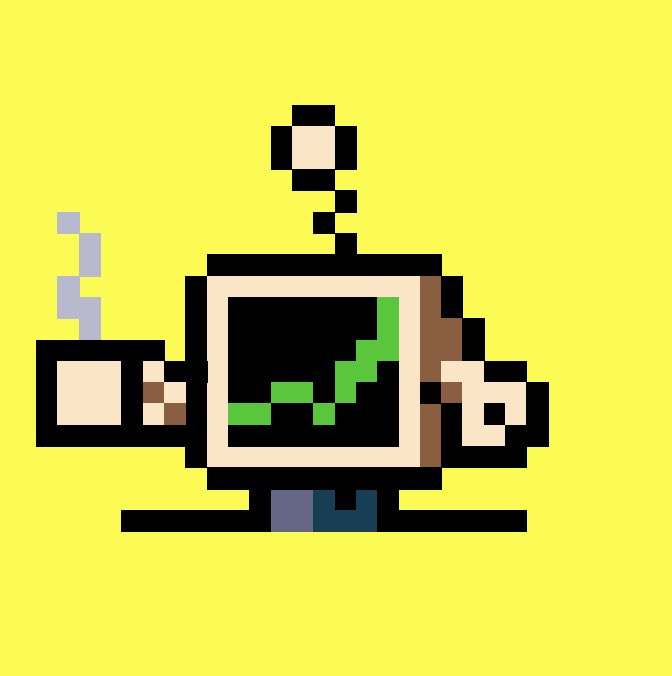 A pixel art illustration on a yellow background depicting a vintage computer monitor displaying a rising green line graph, with a steaming coffee mug beside it.