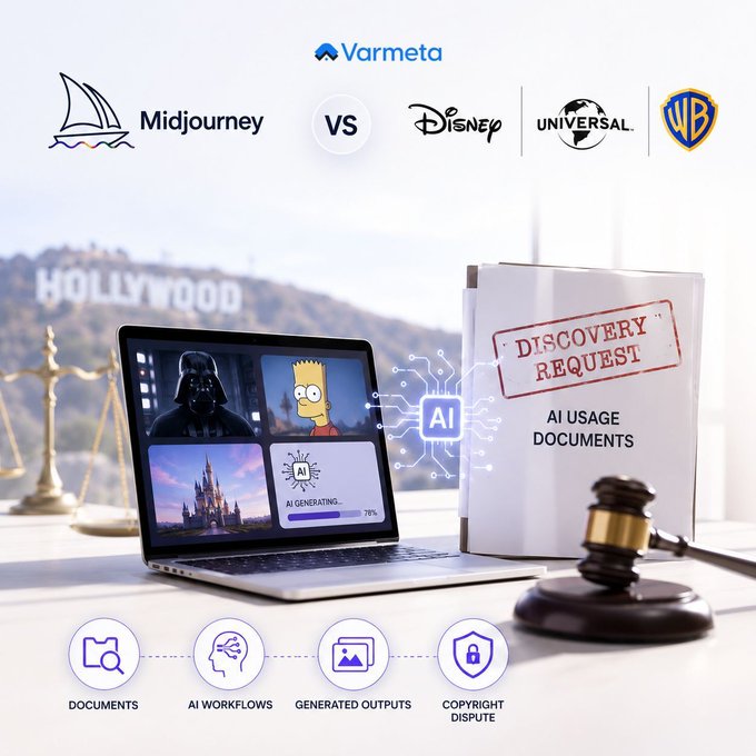 A Varmeta graphic depicting a legal dispute between Midjourney and Disney, Universal, and Warner Bros, showing a laptop with AI-generated images of Darth Vader, Bart Simpson, and a castle, alongside a 'Discovery Request' folder for AI usage documents, with icons for documents, AI workflows, generated outputs, and copyright dispute.
