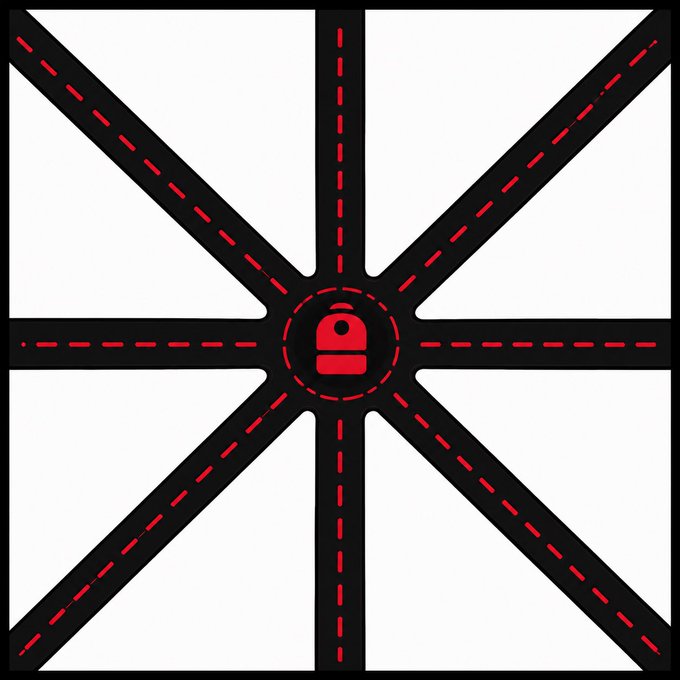 Graphic showing a camera lens icon at the center with eight black and red dashed lines radiating outward like a wheel.