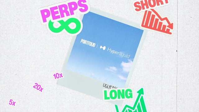 The image features a poster with various stickers, including one that reads "Portfolio", another that says "Perps", and a third one that has an upward-pointing arrow. The text "Hyperliquid Perps just landed on PORTFOLIO 👀" is also present in the image. This suggests that the poster might be promoting a product or service related to portfolio management, with Hyper Liquid being the main focus of the advertisement.