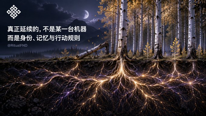 A nighttime forest scene showing birch trees with glowing, interconnected root systems beneath the soil, with Chinese text reading '真正延续的, 不是某一台机器, 而是身份、记忆与行动规则' and a '@RitualFND' handle.