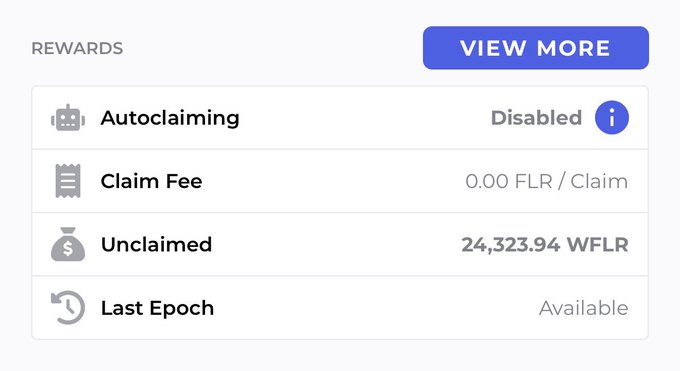A Rewards dashboard shows 24,323.94 WFLR unclaimed with autocaiming disabled and a 0.00 FLR claim fee, illustrating the Flare staking rewards the user has accumulated through delegating to FTSO Paris.