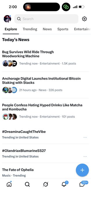 A mobile app screenshot showing an 'Explore' feed with trending news, including headlines like 'Bug Survives Wild Ride Through Woodworking Machine' and 'Anchorage Digital Launches Institutional Bitcoin Staking with Stacks'.