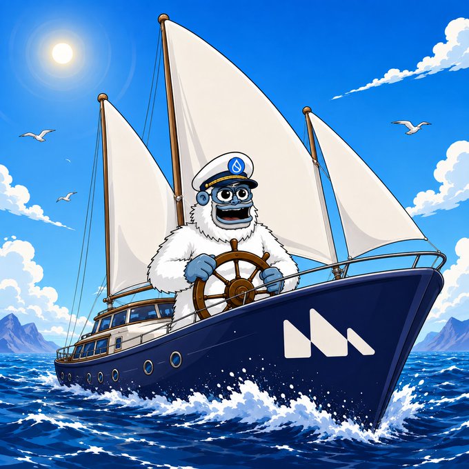 A digital illustration of a yeti-like character wearing a white sailor hat with a blue logo, steering a dark blue sailboat with white sails across the ocean under a sunny sky.