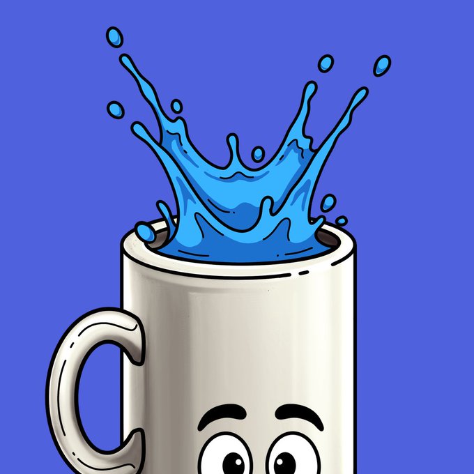 A cartoon illustration of a white mug with a face, featuring a large blue splash of liquid bursting upward out of the cup against a blue background.