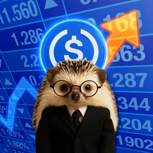 A meme image featuring a hedgehog wearing round glasses and a black business suit, set against a blue background with stock market numbers, a dollar sign icon, and a glowing orange upward arrow.