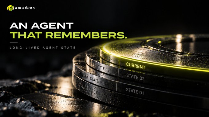 Promotional graphic by Jamadeus featuring the tagline 'AN AGENT THAT REMEMBERS' and 'LONG-LIVED AGENT STATE' alongside a metallic dial marked with 'CURRENT', 'STATE 01', 'STATE 02', and 'STATE 03'.
