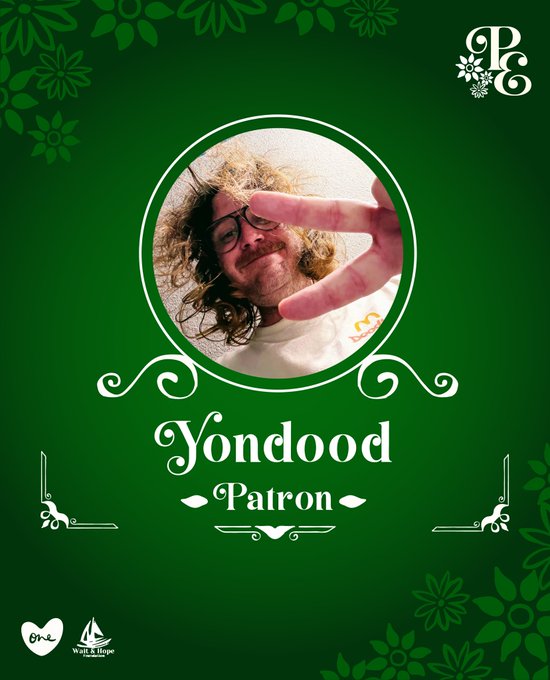 A green patron card design for 'Yondood' featuring a circular photo of a man with curly hair and glasses making a peace sign, with PG logo in the corner.