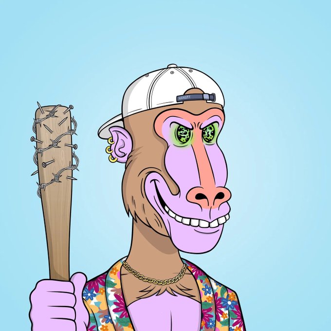 An illustration of a monkey character wearing a backwards white baseball cap, a floral shirt, and a gold chain, holding a spiked baseball bat.