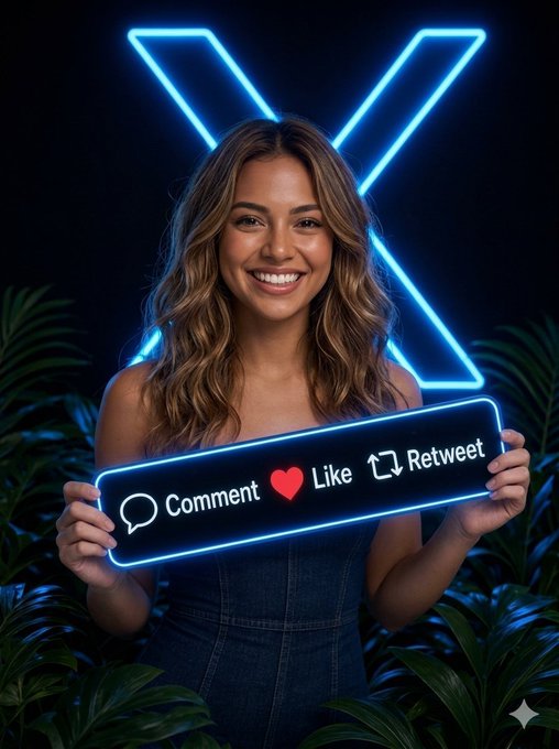 A smiling woman with wavy brown hair holds a glowing neon sign displaying 'Comment ❤️ Like 🔄 Retweet' in front of a blue neon 'X' shape and tropical foliage.