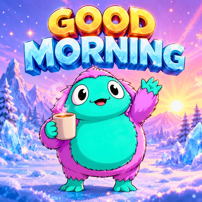 Colorful cartoon illustration of a teal and pink fluffy monster holding a steaming coffee mug in a snowy landscape, with the words 'GOOD MORNING' in yellow and blue 3D lettering above.