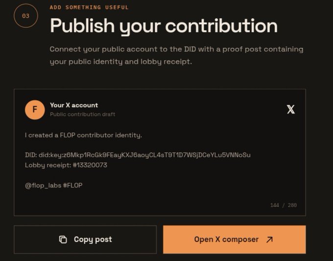 An interface screen instructs to 'Publish your contribution', showing a draft post for an X account with a DID and a lobby receipt number (#13320073) for a FLOP contributor identity.