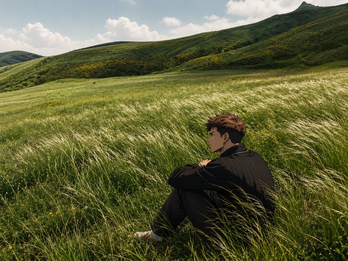 An anime-style illustration of a young man with brown hair in a black outfit sitting in a vast grassy field, gazing toward rolling green hills under a partly cloudy sky.