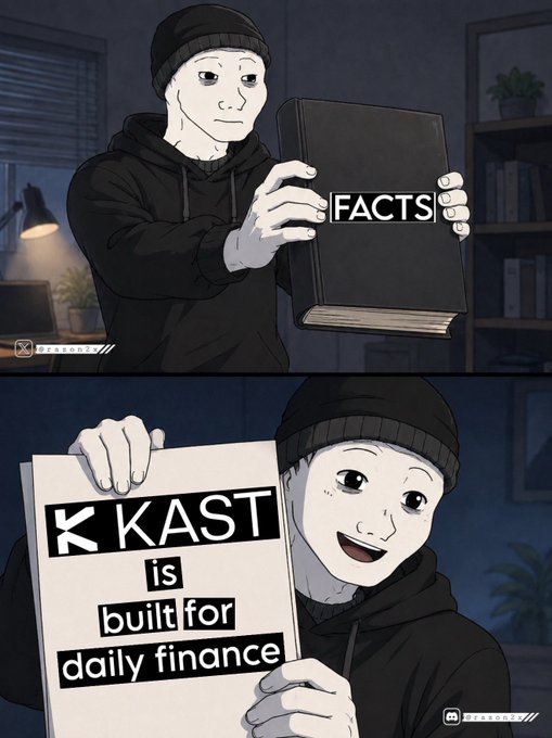 A two-panel comic illustration where a figure in a beanie and hoodie reveals 'KAST is built for daily finance' written on the page replacing the book previously labeled 'FACTS'.