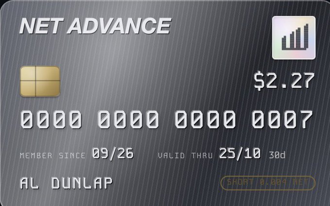 A 'NET ADVANCE' credit card-style graphic for 'AL DUNLAP' with a balance of $2.27, member since 09/26, valid thru 25/10, and a SHORT indicator of 0.009/NET.