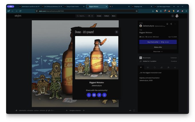 Screenshot of objkt.com NFT marketplace showing a completed sale of 'Biggest Molotov' by 3akestudyo6 for 12 tz.