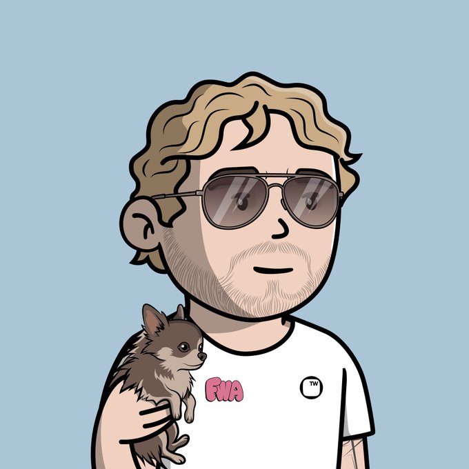 A cartoon-style avatar depicts a blonde, bearded man wearing aviator sunglasses and a white t-shirt featuring the text "RWA" and a "TW" logo, while holding a small chihuahua. The image visually represents the post's reference to "GM! @Rhynotic out here saving Ethereum," portraying the user with a chihuahua alongside RWA (Real World Asset) and Twitter branding.