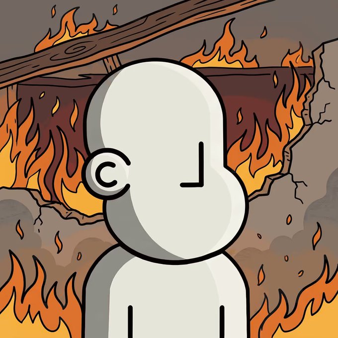 Cartoon-style illustration of a white figure with a copyright (©) symbol as one ear, standing in front of a burning background.