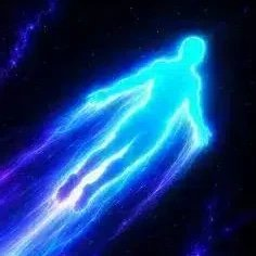 A glowing, cyan-colored humanoid figure streaks across a dark, starry background, leaving a vibrant trail of blue and purple energy in its wake.