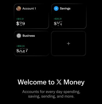 The image shows a dark-themed promotional screen for X Money displaying four account tiles: "Account 1" ($9), "Savings" ($1), "Business" ($47), and an empty "+" tile, with welcome text reading "Welcome to 𝕏 Money" and a tagline "Accounts for every day spending, saving, sending, and more." The screenshot illustrates the rollout of X Money, tying directly to the post announcing its launch and inviting users to try the new financial feature.