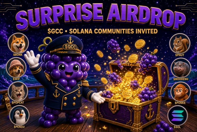 A vibrant promotional graphic titled 'SURPRISE AIRDROP' advertises '$GCC • SOLANA COMMUNITIES INVITED', featuring a purple grape mascot in a captain's uniform beside a treasure chest overflowing with coins, surrounded by character icons labeled $BONK, $WIF, $POPCAT, $PENGU, $PNUT, $MOODENG, $PONKE, and $SOL.