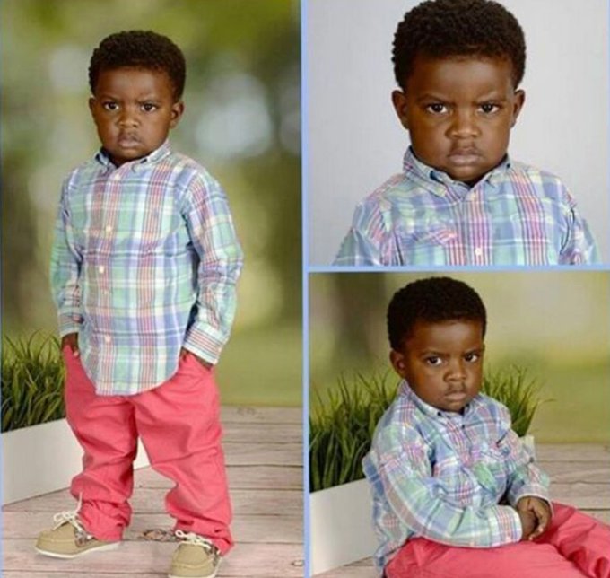 A young boy poses in three views wearing a plaid button-up shirt and coral pink pants, shown standing with hands in pockets and seated, with a serious expression.