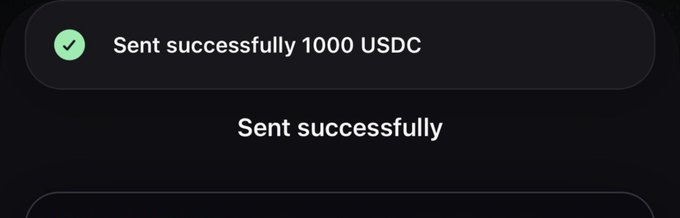 A confirmation message reads "Sent successfully 1000 USDC" with a green checkmark, verifying the accidental overpayment of $1,000 (instead of $100) in USDC mentioned in the post.