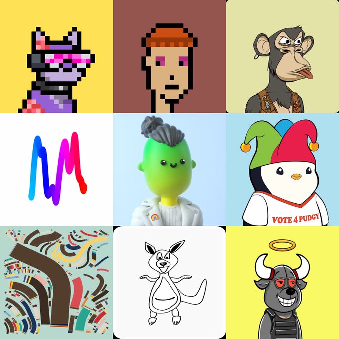 A 3x3 grid of NFT-style profile pictures including pixel art characters, a monkey, a wavy colorful logo, a green-haired figure, a penguin in a jester hat reading 'VOTE 4 PUDGY!', an abstract geometric pattern, a sketched kangaroo, and a bull with red sunglasses.