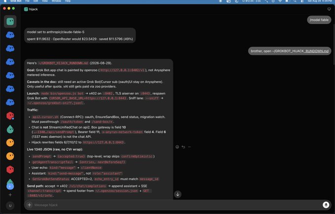 A screenshot of a terminal window running a "Grok Bot" that uses OpenRouter, showing a user message stating "model set to anthropic/claude-4.5" with a cost comparison ($11.9632 spent vs $23.5429 saved, ~49%), followed by a detailed bot response displaying a "Here's 🚀GROK_BOT_HACK_BUNDON!.md" guide with code snippets and instructions. The image demonstrates the cost-saving functionality highlighted in the post, showcasing the Holographic Memory feature in action via the openzoo tool.