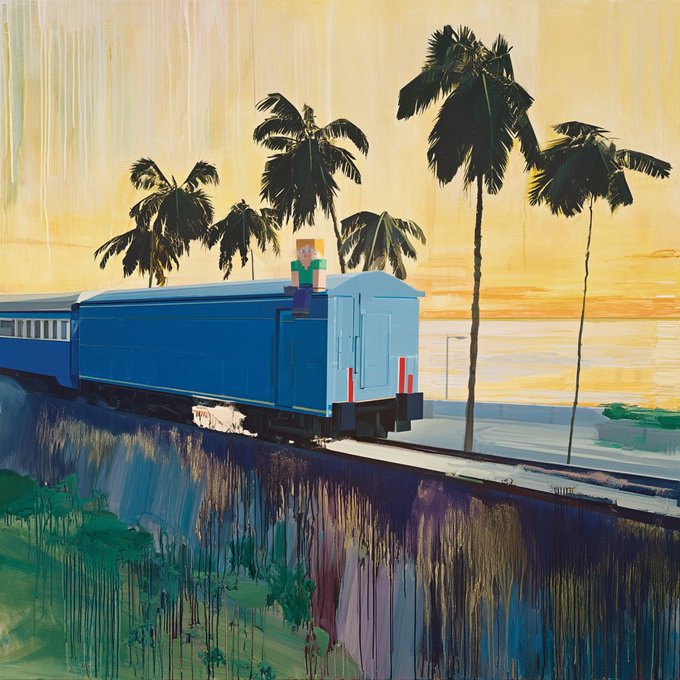 A blue train travels along a coastal track at sunset, with a figure sitting atop one of the cars, silhouetted against a sky filled with tall palm trees. The scene evokes a sense of serene travel, fitting the theme of "il viaggio" (the journey) referenced in the post.